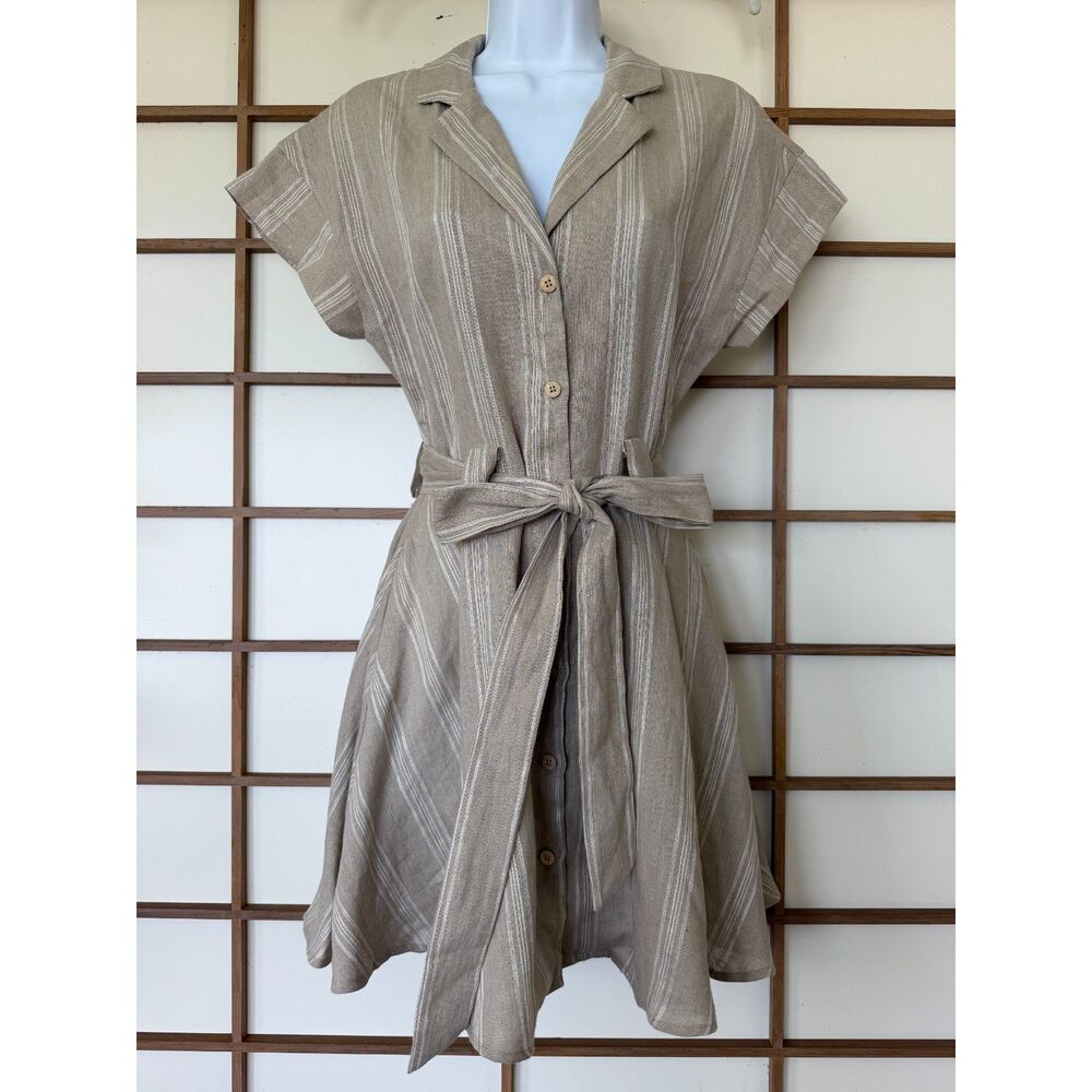 Miou Muse 100% Linen Taupe White Striped Belted Shirt Dress Size S